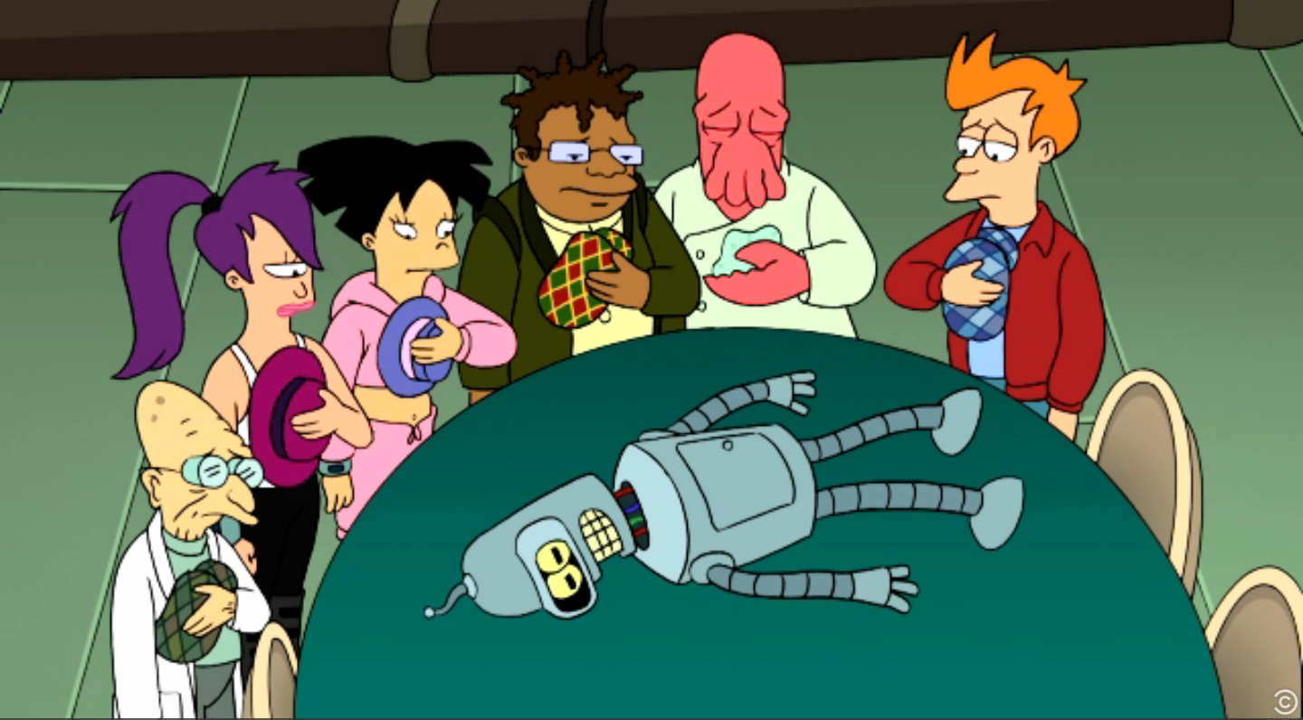 Bender dies, but is shortly thereafter brought back to life (6ACV19).