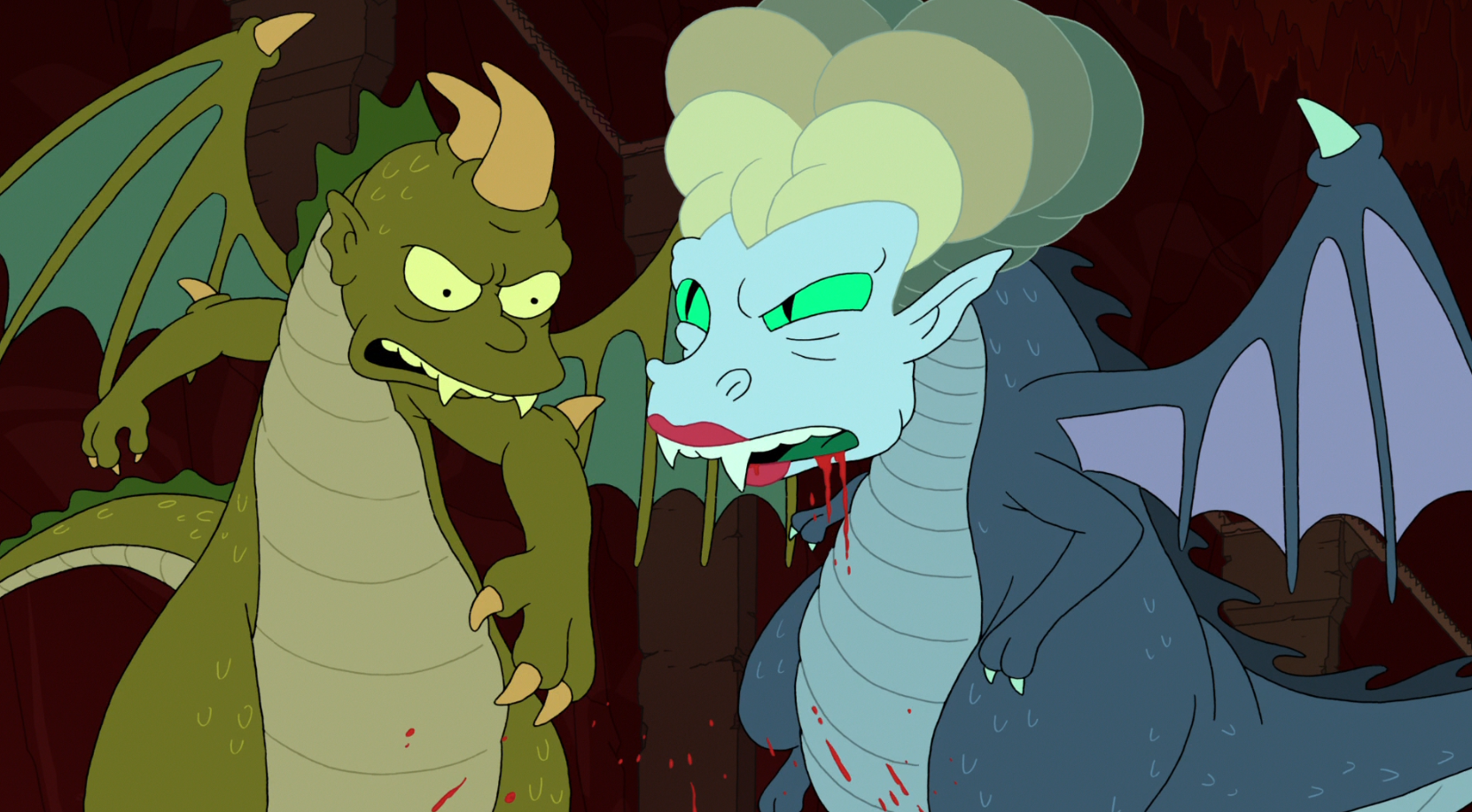 Momon in her dragon form (right) battling Fry.